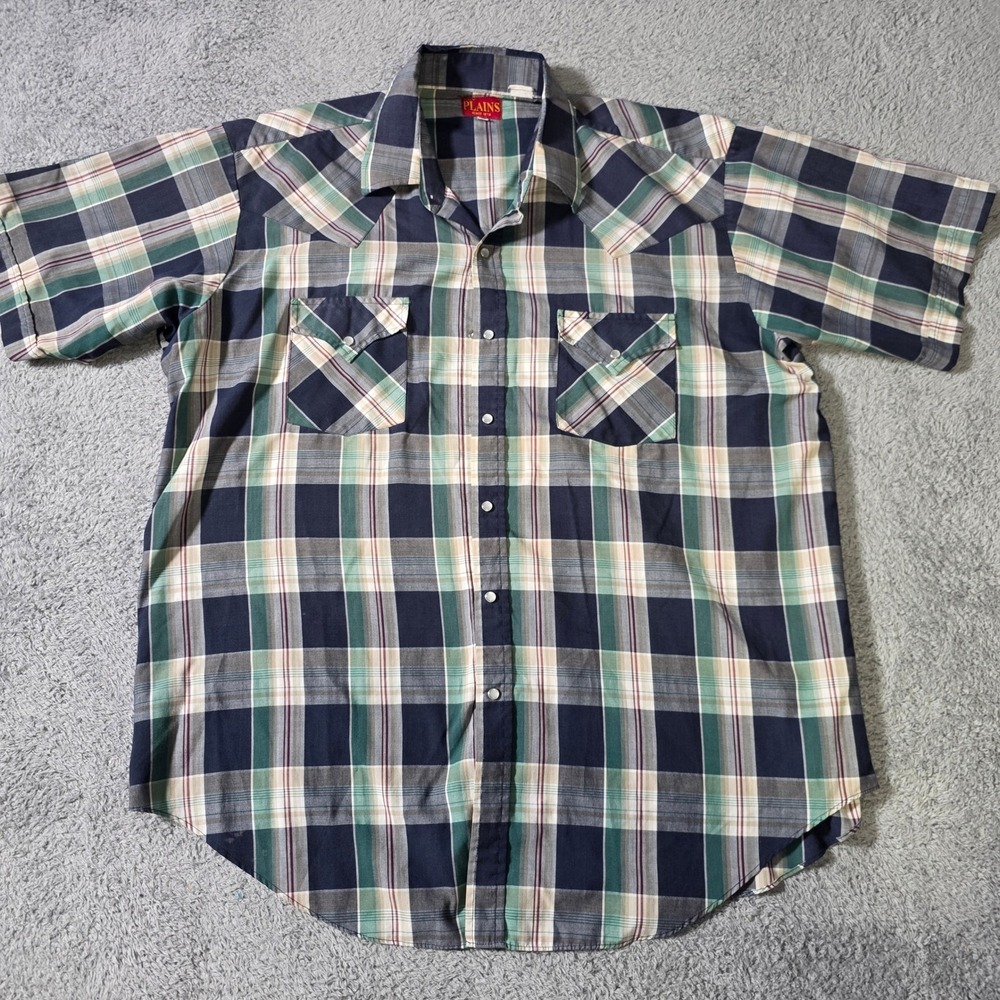 Ely Plains Mens‎ XL Western Shirt Blue Green Plaid Short Sleeve Pearl Snap Yoke